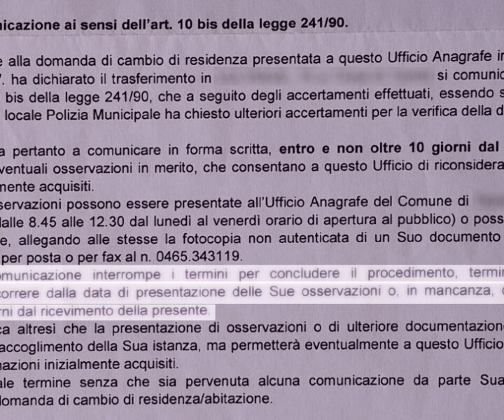 Trecho do comunicado da negativa do pedido da residência.