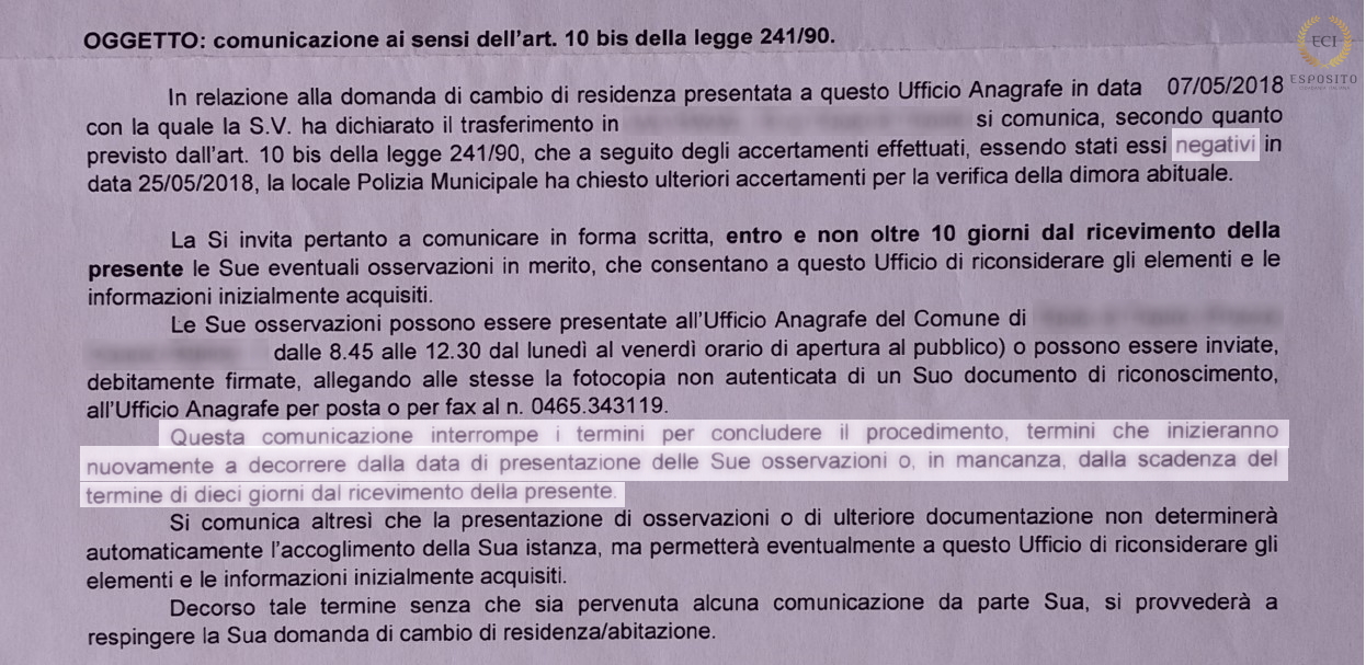 Cidadania Italiana - Negativa do Pedido de Residência na Itália